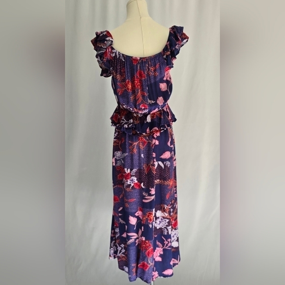 Sofia Vergara Purple Floral Midi Dress Ruffle Shoulder Sweetheart Neckline Sz. S - Picture 5 of 11